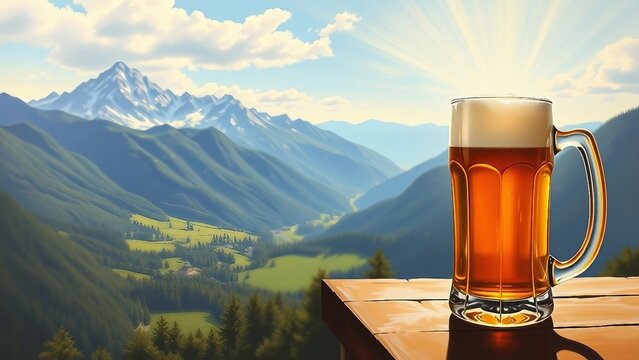 Bierkrug mit Schaumkrone auf Holztisch, vor malerischer Berglandschaft in der Sonne &ndash; alpenl&auml;ndisch, urig und einladend.