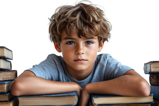Thoughtful schoolboy sitting on books isolated on white background