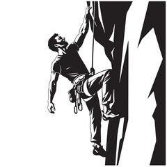 Black and white illustration of a rock climber scaling a cliff face, vector art
