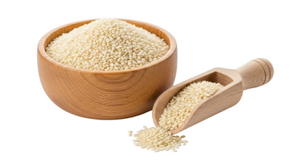Isolated Sesame seeds in wooden bowl with scoop