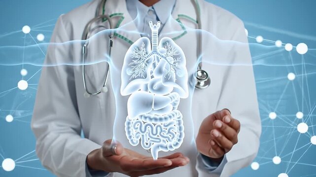 Healthcare Professional Presenting Digital Human Organ Hologram Displayed on Hand Against a Blue Background