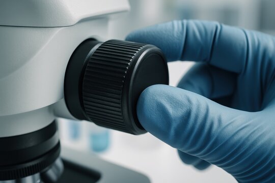 Close-up of a gloved hand adjusting the coarse focus knob of a microscope in a sterile lab, emphasizing precision and science