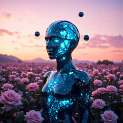 Surreal abstract digital music album cover artwork image. Abstract futuristic human silhouette, standing in a field of roses. Can be used as a music album cover design or for a song single release