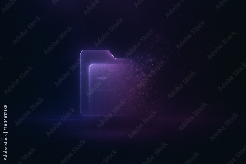 Poster data dissolving: an abstract image portrays a glowing data folder, dissolving into particles, repres
