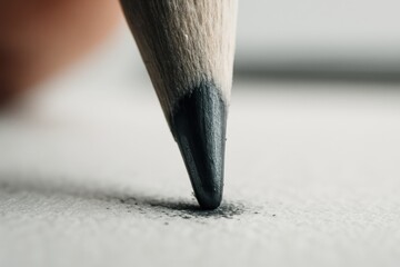 Close-up view of a sharpened pencil point on white paper surface, emphasizing start of writing, drawing or creativity
