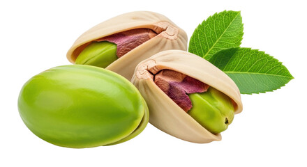 Isolated Three Pistachios with Leaves