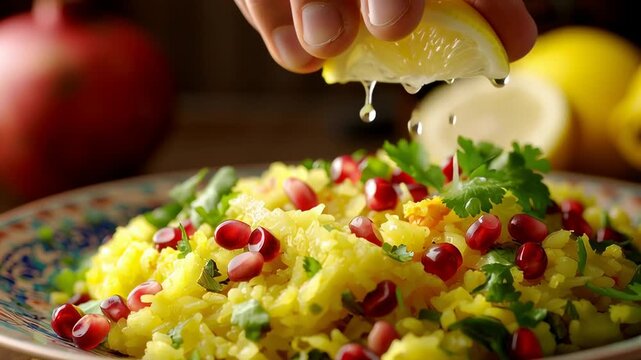 Close-up of a hand squeezing fresh lemon juice over a colorful plate of poha garnished with pomegranate seeds, herbs, and spices.