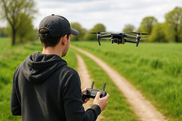Fototapeta premium Man controlling drone in grassy field remote control flying