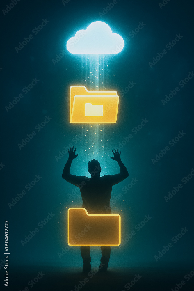 Poster cloud data transfer: illustrative image of a person interacting with digital folders transferring da