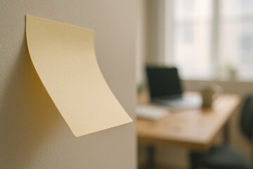 Yellow post-it note suspended mid-air near a desk setup, useful for visuals on productivity or office themes