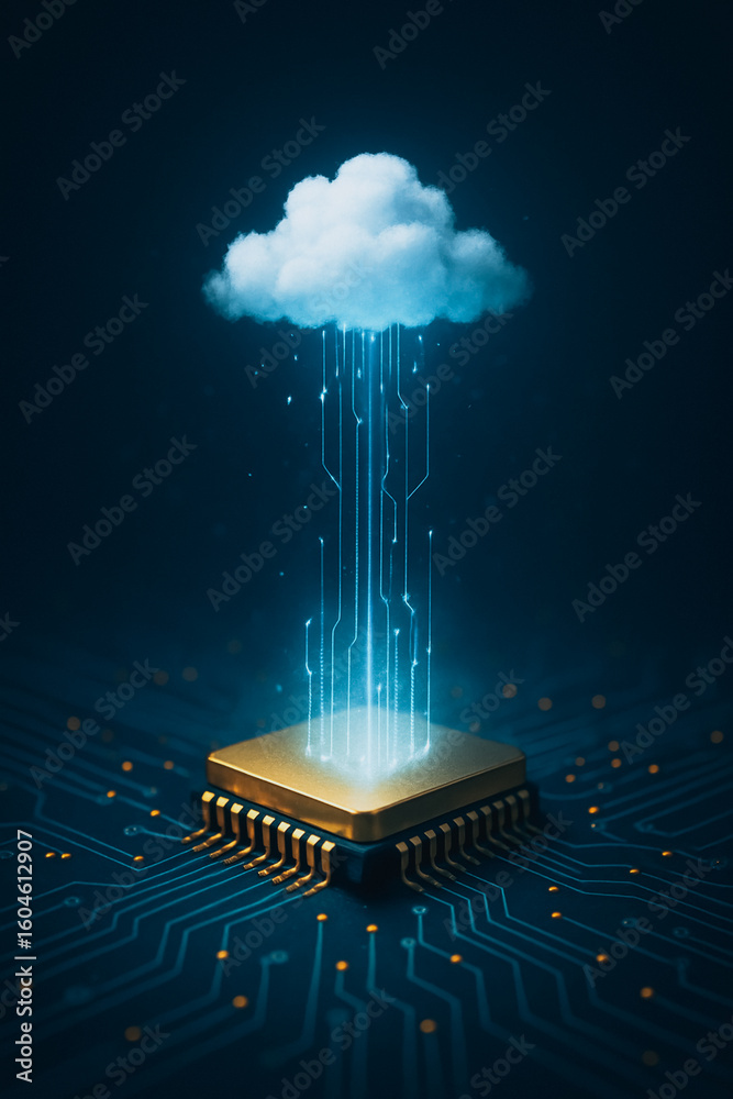 Poster digital ascent: a digital cloud emanates from a central processing unit, symbolizing the seamless tr