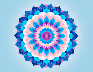 Colorful Mandala Design with Blue and Pink Petals on Light Blue Background