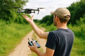 Man launching drone outdoors with controller image