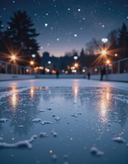 Ice skating rink with a smooth frozen surface reflecting the night sky