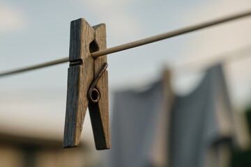 Old-style wooden clothespin hanging on laundry line outdoors, depicting domestic chores and rustic...