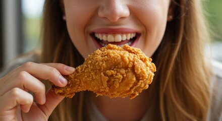 Happy woman eating a crispy fried chicken drumstick