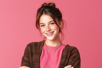 Fototapeta premium A young girl with braces. Smile, confidence, health. Dental services.