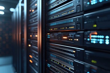 Naklejka premium Dark server room with glowing blue and orange LEDs on high-performance racks, ideal for illustrating cloud computing, cybersecurity, IT operations, and data infrastructure systems