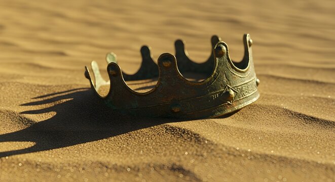 An ancient, tarnished crown resting on windswept desert sand, a concept of a fallen empire and lost royalty. - Powered by Adobe