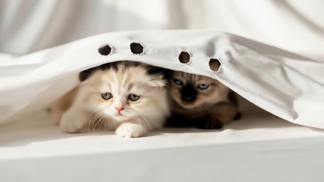 Adorable Kittens Hiding Under White Blanket - Two fluffy kittens, a Scottish Fold and a Siamese mix, peek out from under a white blanket with eyelet holes.