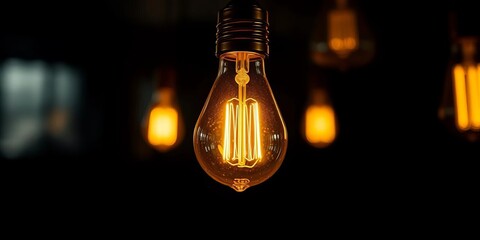 Single vintage Edison bulb glows dramatically in darkness,  illumination,  antique
