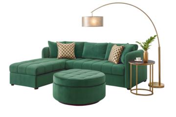 Elegant green velvet couch with ottoman and floor lamp, inviting living room furniture arrangement