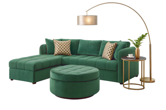 Elegant green velvet couch with ottoman and floor lamp, inviting living room furniture arrangement