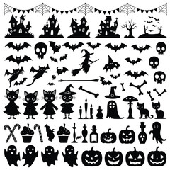 Fototapeta premium Set of halloween silhouettes black icon and character. Vector illustration. Isolated on white background.