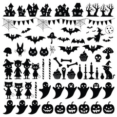 Obraz premium Set of halloween silhouettes black icon and character. Vector illustration. Isolated on white background.
