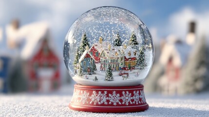 Snow globe village scene, snow-covered houses, winter wonderland