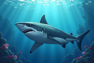 Fototapeta premium Shark Swimming in Deep Blue Ocean with Sunlight Rays and Coral