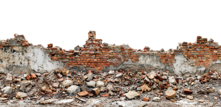 A dilapidated brick wall with rubble isolated on transparent background