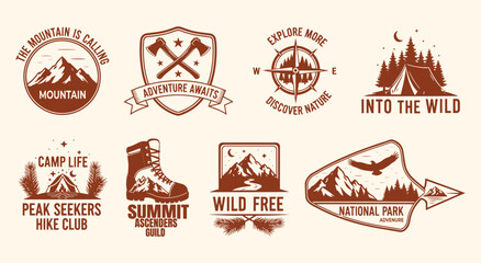 Set of outdoor adventure vector logos. Brown vintage style graphics with mountains, camping, and hiking elements for branding, t-shirt design, and nature themes. © ARTIST LAB