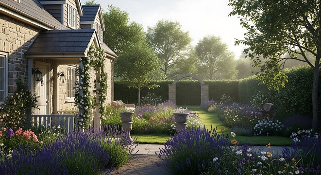 A picturesque garden scene with a charming stone house.
