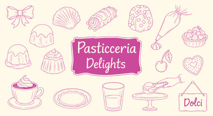 Italian Pasticceria Delights vector illustration set. Pink hand drawn doodle elements of pastries, cakes, and sweets for bakery, cafe, menu, and dessert design projects.