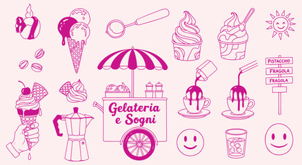 Italian Gelateria vector illustration set. Pink hand drawn doodle elements of ice cream, coffee, soft serve, and cart for dessert shop, menu, and summer design projects. © MH HASIB