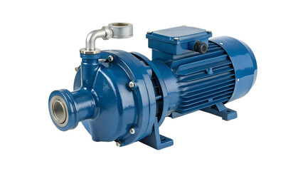 A blue industrial water pump with an electric motor, isolated on a transparent background.