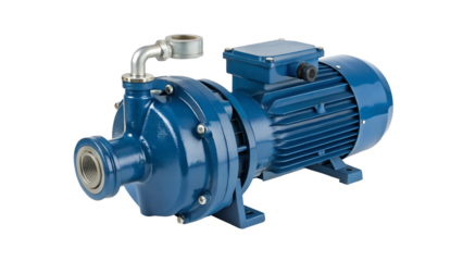 A blue industrial water pump with an electric motor, isolated on a transparent background.