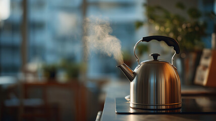 A stainless steel kettle boils on a stovetop, emitting steam into a brightly lit kitchen.