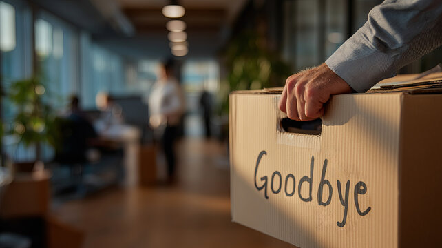 A person carries a cardboard box labeled 'Goodbye' through an office, implying a departure or job termination.