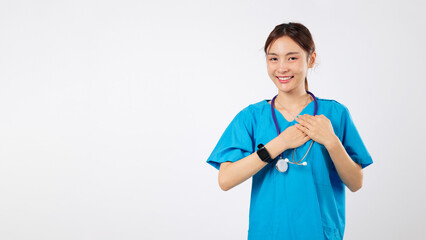 Smiling doctor woman chest asian nurse with stethoscope healthcare hands, grateful gesturing, kindness and caring from a young female health worker, always trust the nurse, isolated white background
