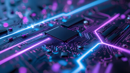 Close-up of a computer circuit board with glowing blue and purple lines highlighting the intricate network and central processing unit.