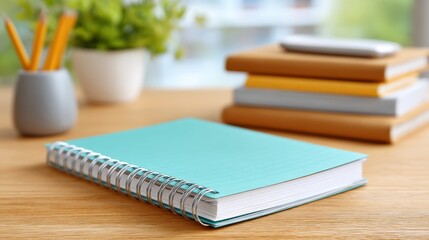 Blank Green Notebook on Wooden Desk Surrounded by Textbooks and a Succulent Plant