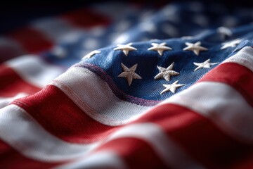 USA flag closeup detailed red white stripes blue star field with embroidered stars fabric texture evident