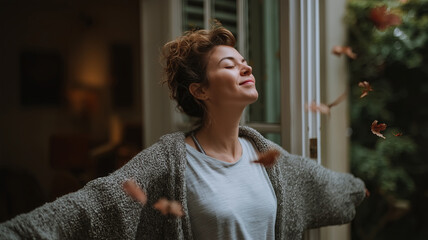 A woman with curly hair stands with eyes closed and arms open, taking a deep breath as leaves fall around her.