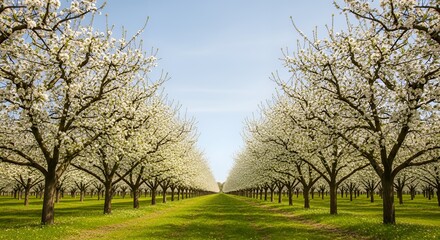 Fototapeta premium Blooming Tree Orchard in Springtime with White Blossoms and Green Grass