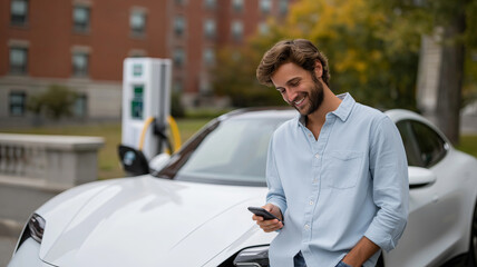 A smiling young man in a light blue shirt leans on a white electric car while looking at his phone.