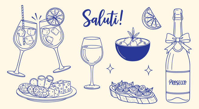 Italian Aperitivo vector illustration set. Hand drawn line art of cocktails, prosecco, and snacks for "Saluti!" (Cheers!) and happy hour themed design projects.
