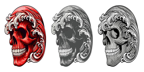 Skulls wave hair inking styles, vintage tattoo-Inspired skulls, red grayscale and black line art versions.