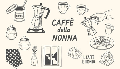 Grandma's Coffee Caffè della Nonna vector illustration set. Hand drawn vintage line art of Italian coffee culture with moka pot, cups, and cozy home elements for design projects.
